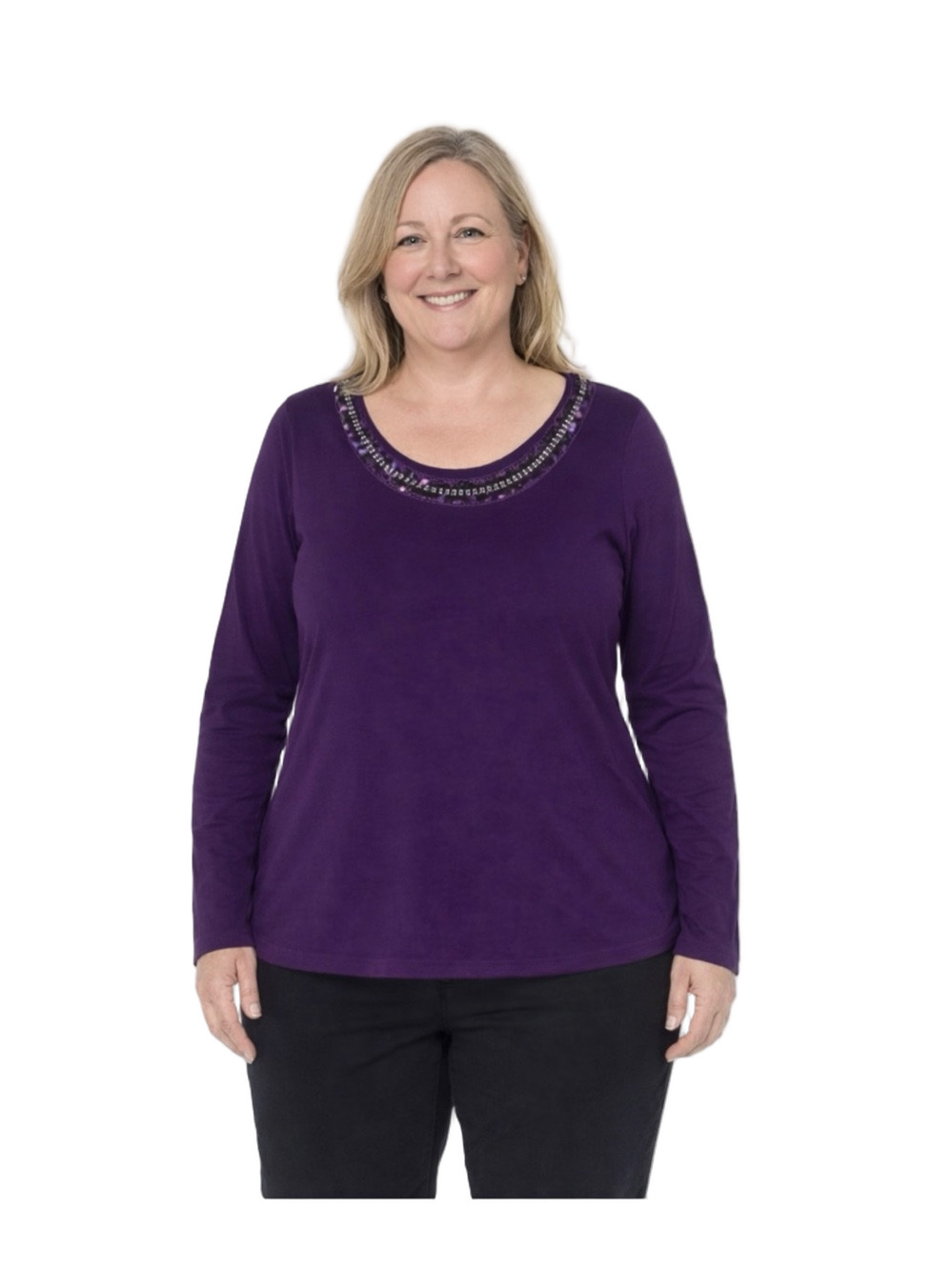 apt. 9 purple crew neck beaded long sleeve sweater top